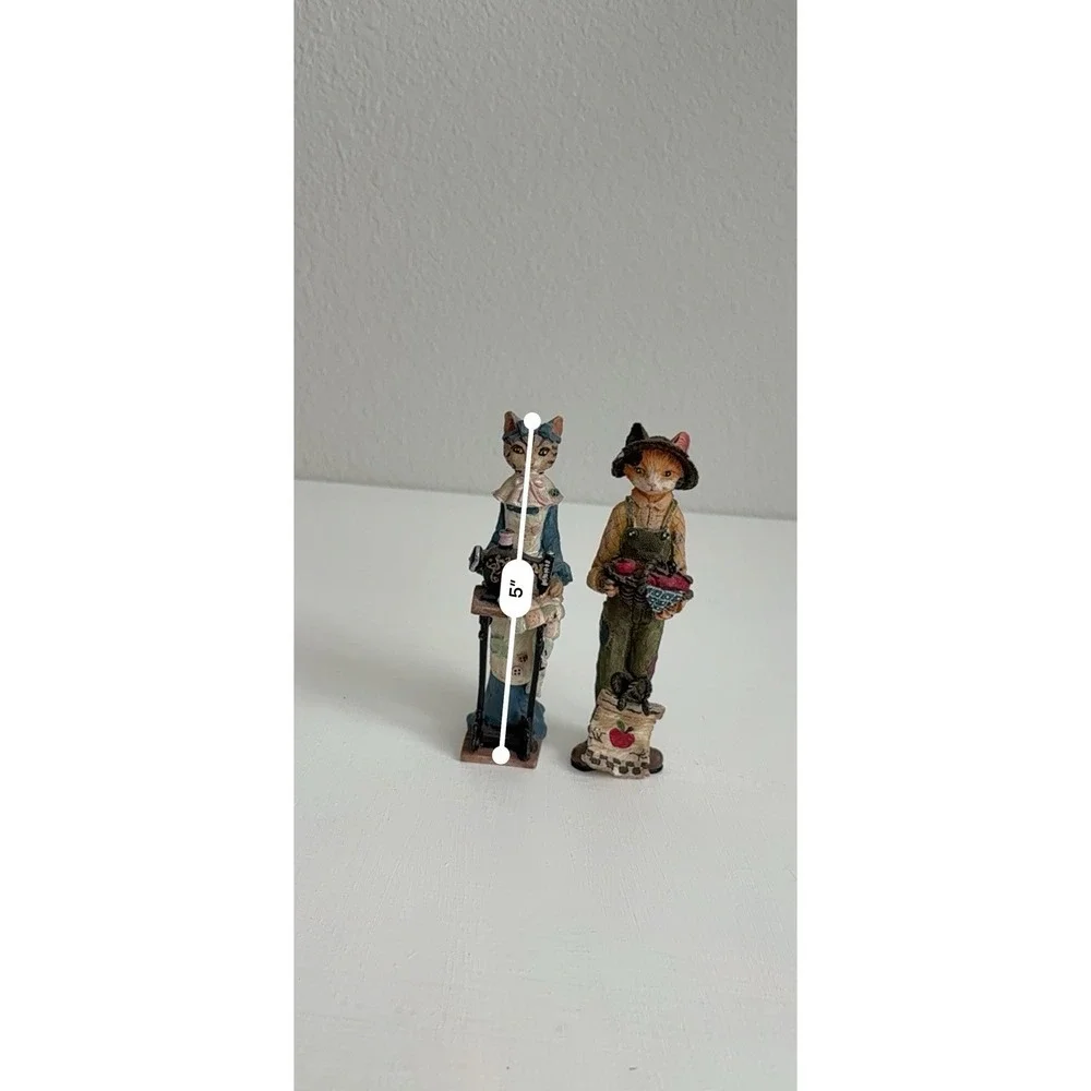 Vintage Country Cat Figurines Farmer & Seamstress Resin Shelf Decor